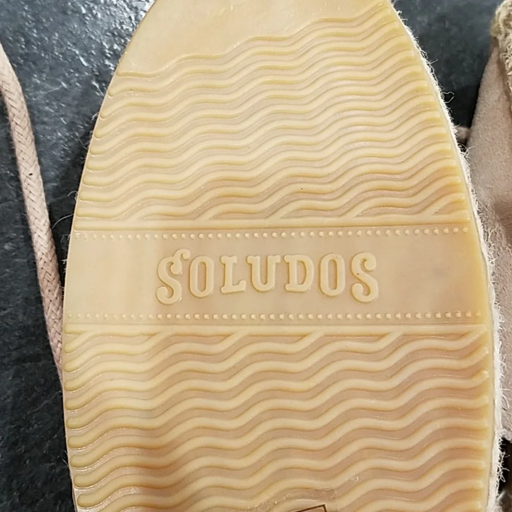 Soludos Beige Suede Espadrille Lace-Up Pom Pom Flats